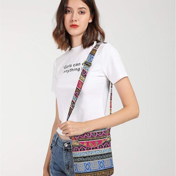 Women's Retro Small Size Canvas Shoulder Bag Hippie Boho Crossbody Handbag - Picture 6 of 9